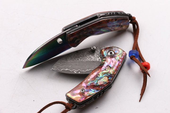 Damascus Waistline two types folding pocket knife with Natural Abalone handle UD403438